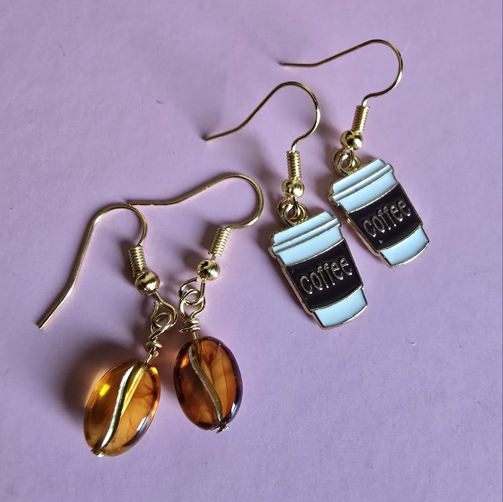 Coffee Earrings Two Pair 18k Gold Plated Nickel Free Hooks